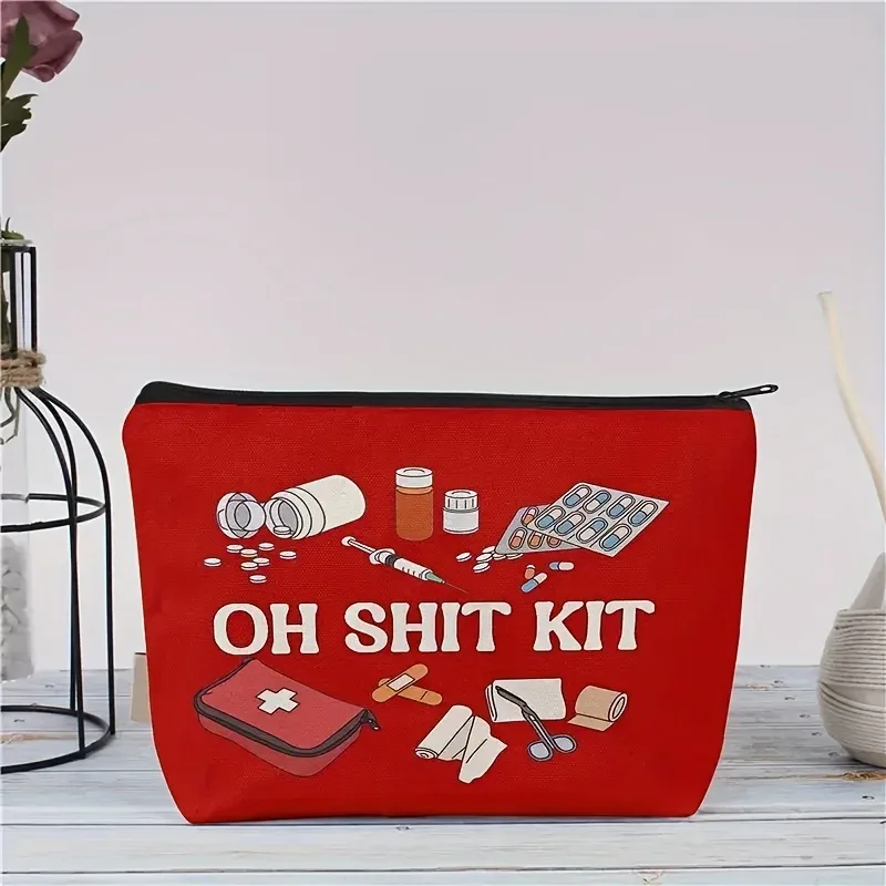 oh no, un sac! une pochette rouge avec motif imprimé, un sac d'accessoires de voyage humoristique, un trousse de premiers secours portable pour les cosmétiques