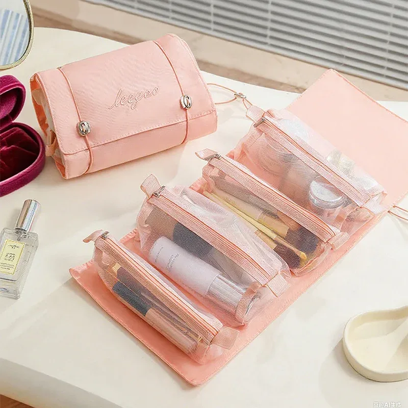 trousse de maquillage détachable 4-en-1, organiseur de cosmétiques pliable avec pochettes amovibles pour les voyages et le quotidien
