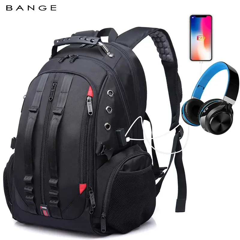 Sac Dos Oxford Polyester Noir Gris Rouges Poches Latérales Compartiment Principal Port USB Voyage Décontracté