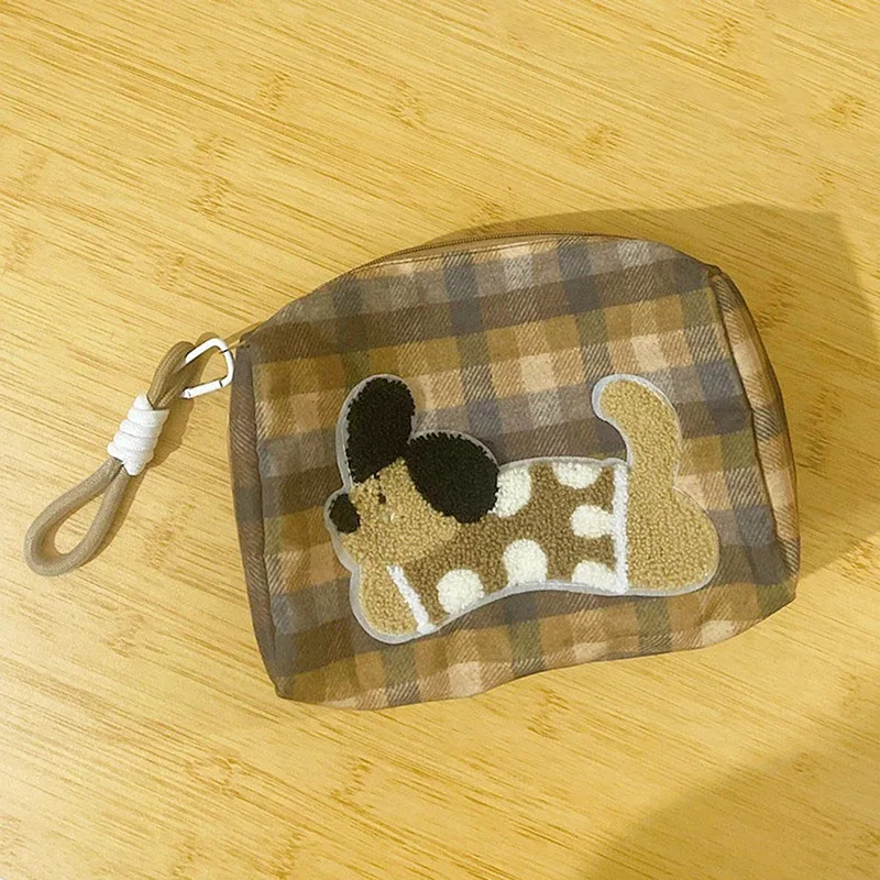 adorables sacs à cosmétiques à carreaux imprimés de chien avec lanière ; organisateur de produits de beauté portables de capacité maximale, cadeaux