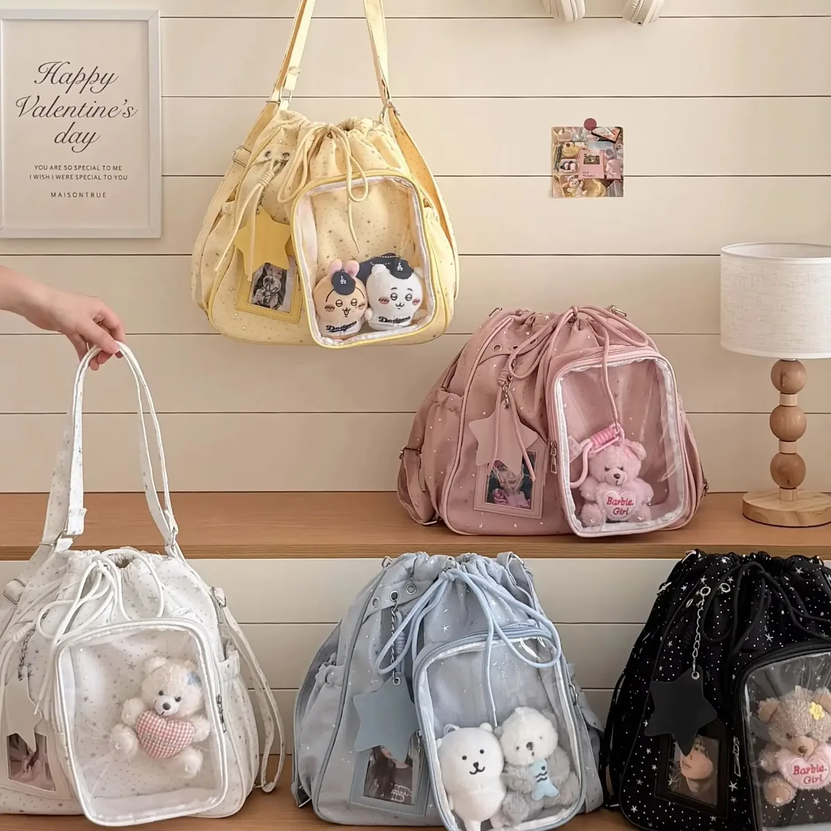 nouveau sac à dos ita y2k à cordon de serrage à pois étoilés, sac à bandoulière transparent mignon pour fille, grande capacité, sac à dos de présentation pour poupées diy