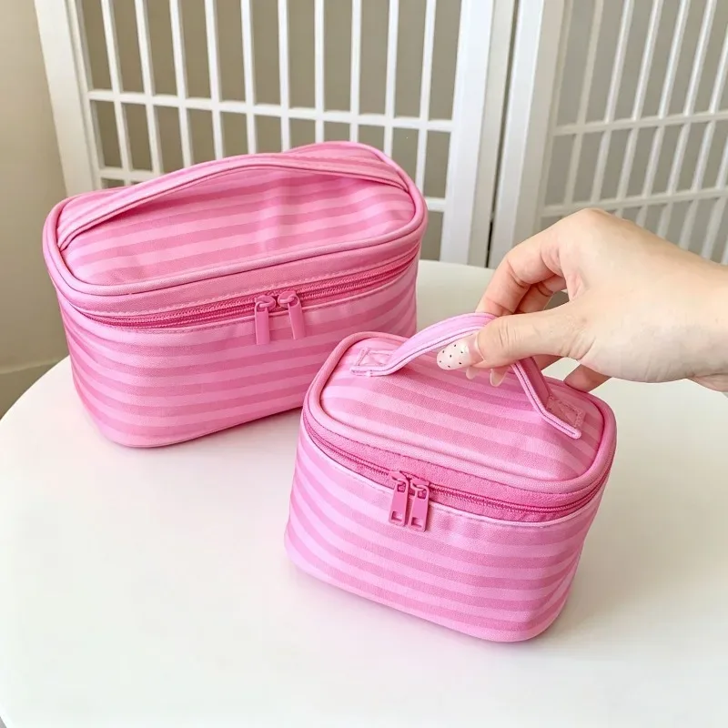 trousse de maquillage de voyage portable rose rayée grande capacité avec miroir, pochette organisateur de toilette à main pour femme, idée cadeau