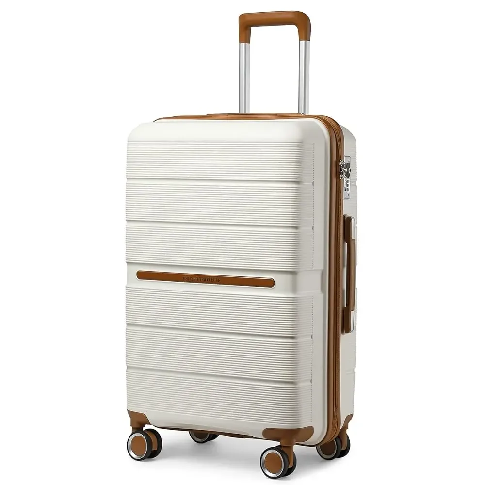 valise rigide de voyage britannique, bagage à main, matériau 100% pp, 8 roues tournantes, serrure tsa, beige, chariot