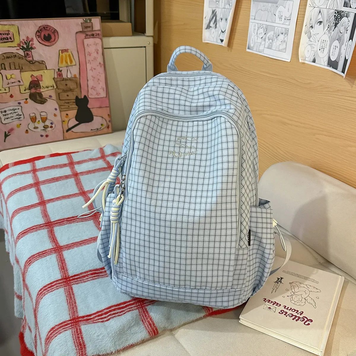 sac à dos coréen à carreaux avec cordon de serrage, grande capacité, pour étudiants et navetteurs, en nylon léger, sac à livres décontracté en forme de seau avec fermeture éclair, couleur foncée