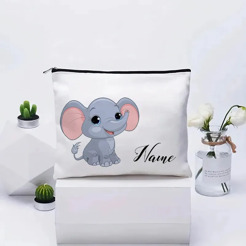 vente flash : grande trousse à maquillage en toile avec motif d'éléphant mignon, essentiels de voyage pour anniversaire d'enfants, trousse de maquillage avec nom personnalisé
