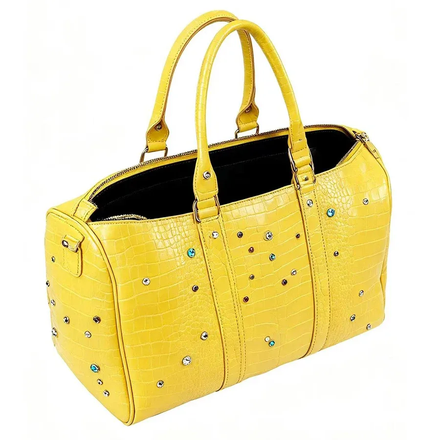 sacs à main décontractés, sacs de voyage, grande capacité, unisexe, sac à bandoulière, couleur jaune crocodile, orné de diamants et de pierres précieuses colorés.