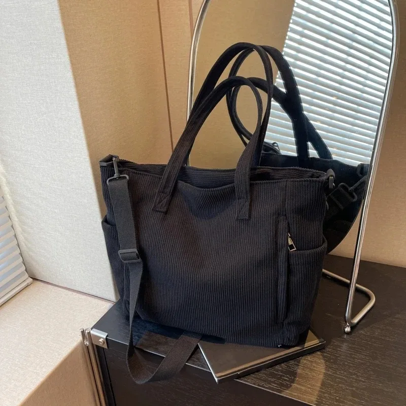 sac à main en velours côtelé pour femmes, fourre-tout décontracté, multi-poches, sangle réglable, sac à bandoulière, fermeture éclair initiée, automne, hiver