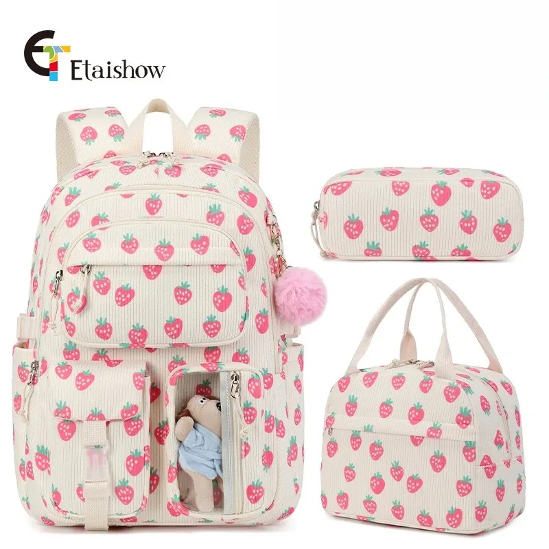 sac à dos d'université en velours côtelé, 3 pièces, avec sac à déjeuner, trousse à crayons, mignon fille, école, imprimé fraise, ensemble de sac à dos pour adolescentes et femmes