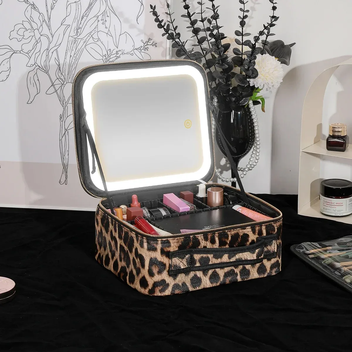 trousse de maquillage grande capacité avec miroir et lumière led, sac de retouche portable professionnel, style ins, couleur unie, autres matériaux