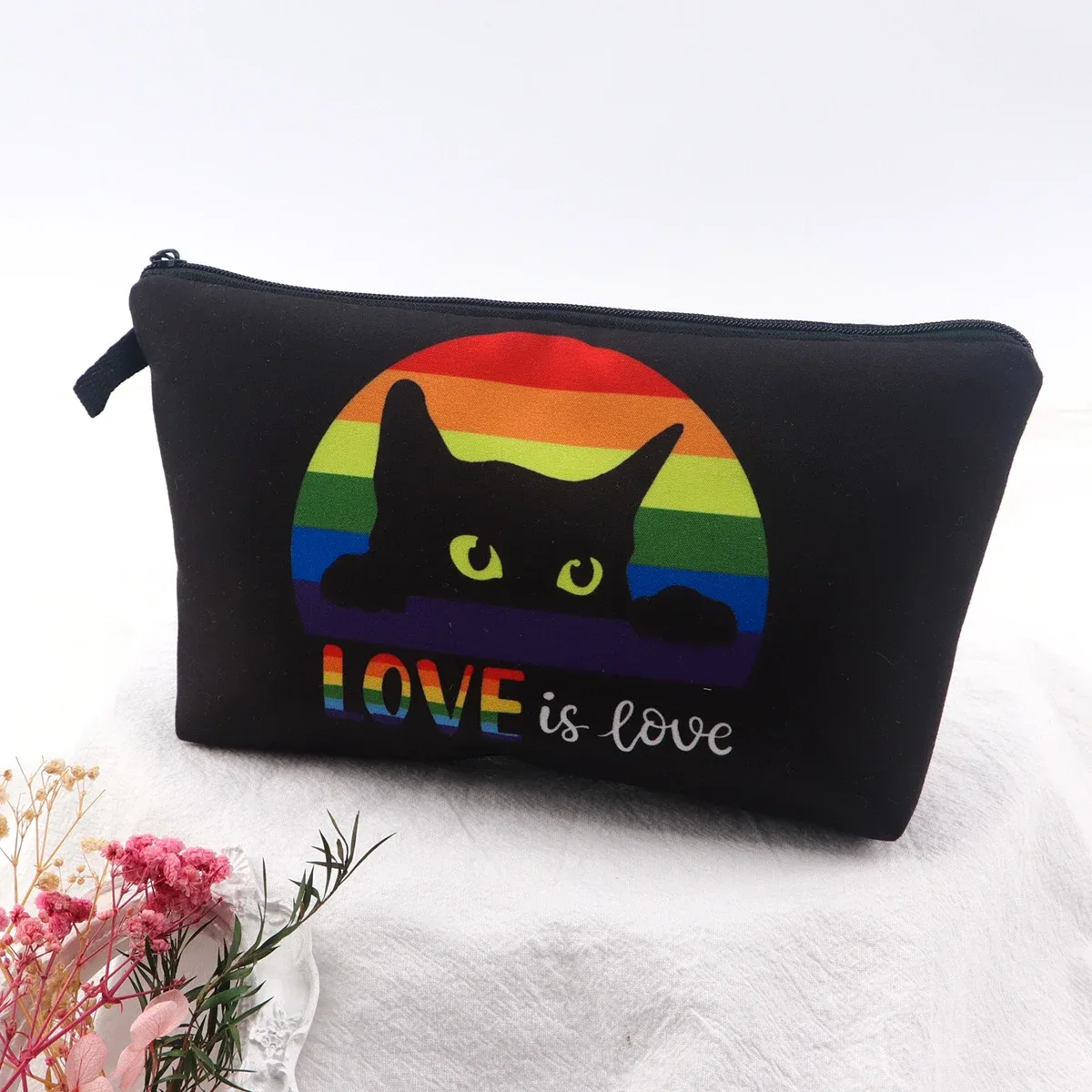 sac de rangement de voyage pour femmes, sac à cosmétiques, trousse de maquillage, trousse de maquillage, trousse de rouge à lèvres à fermeture éclair imprimée, chat mignon