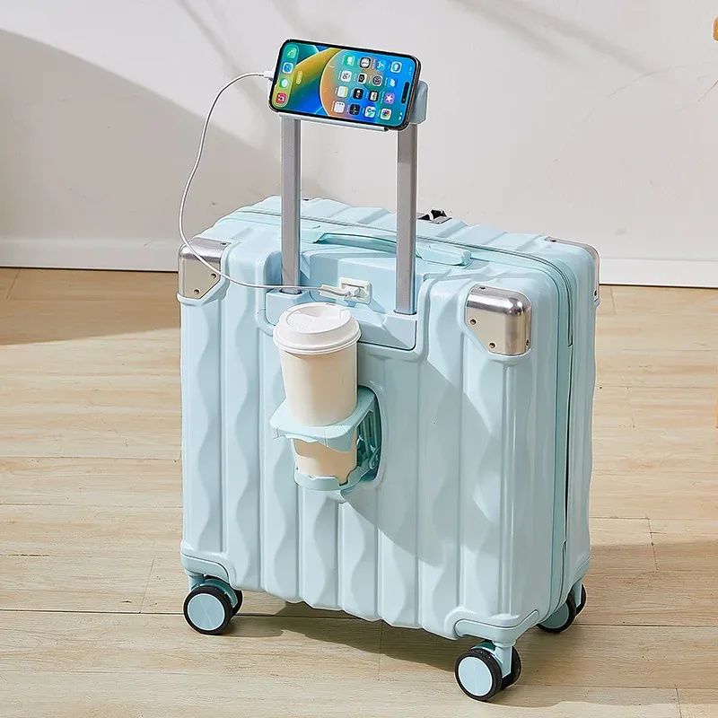 valise 18 "20" mot de passe boîtier de chariot valise cabine de voyage petit bagage avec porte-gobelet usb support pour téléphone valise bagage de voyage