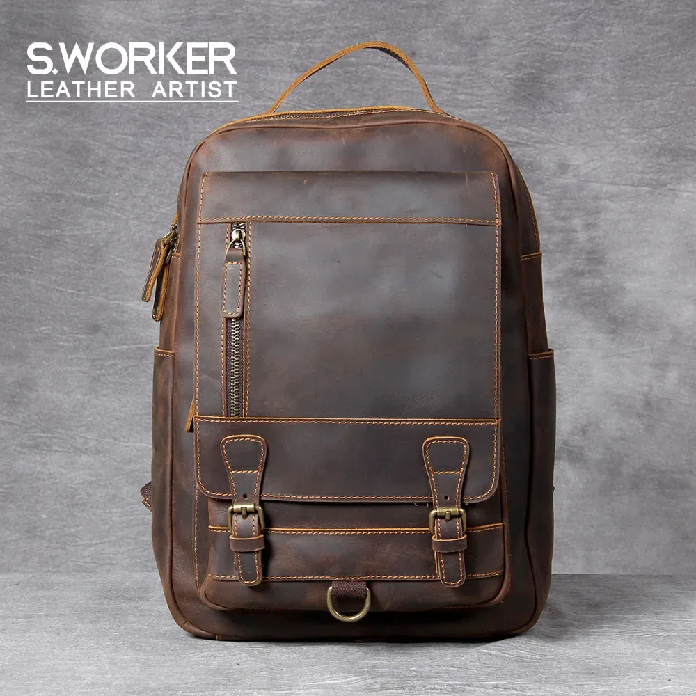 sac à dos vintage en cuir véritable s.worker, sac pour ordinateur portable en cuir crazy-horse, sac d'école, sac de voyage de week-end, sac à bandoulière