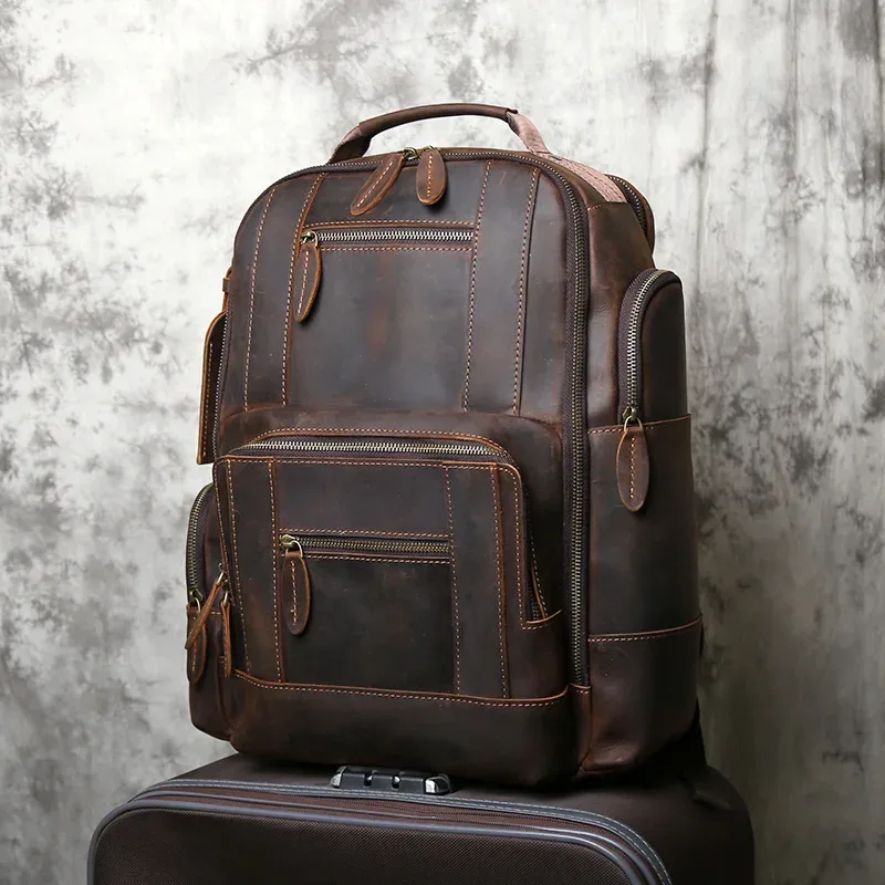 nzpj rétro en cuir véritable hommes sac à dos couche supérieure en peau de vache sac à dos mode hommes sac crazy horse peau voyage ordinateur sac
