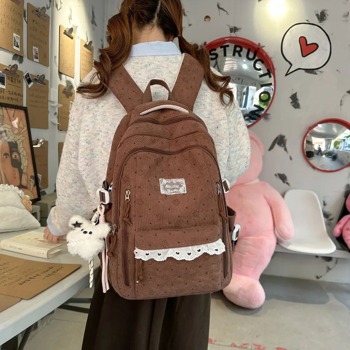sac à dos décontracté en velours côtelé gris pour femme, motif étoile, breloque ours en peluche, multi-poches, sangle réglable, pour usage quotidien et scolaire 2026