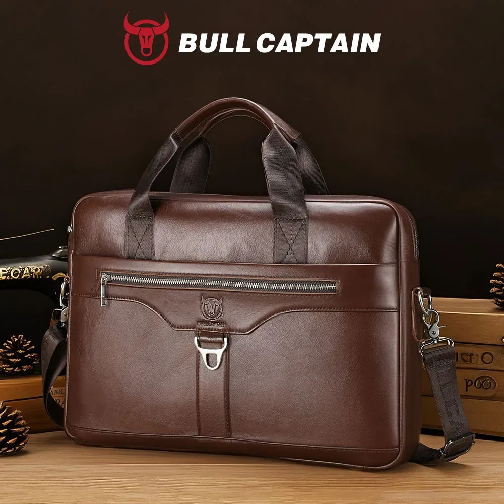 porte documents cuir verte bull cowhide polyester intérieur informatique fermeture éclair bandoulière détachable marron noir voyage travail
