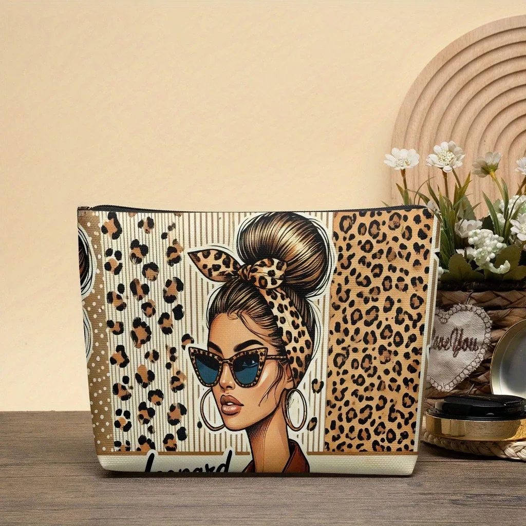 1 sac de maquillage élégant avec un bandeau léopard pour femme, sac fourre-tout léger avec fermeture éclair, pochette de rangement pour cosmétiques, trousse de beauté