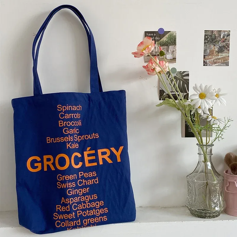 sac de shopping pour femmes, design de liste d'épicerie, sac à bandoulière de couleurs mignonnes pour dames, sac à main en toile écologique, fourre-tout en tissu de coton réutilisable