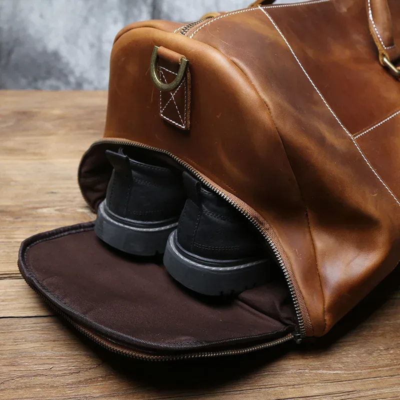 sac de voyage vintage en cuir véritable pour hommes, sac polochon en cuir de cheval fou, grande capacité, couche supérieure en peau de vache, sac à bandoulière nzpj