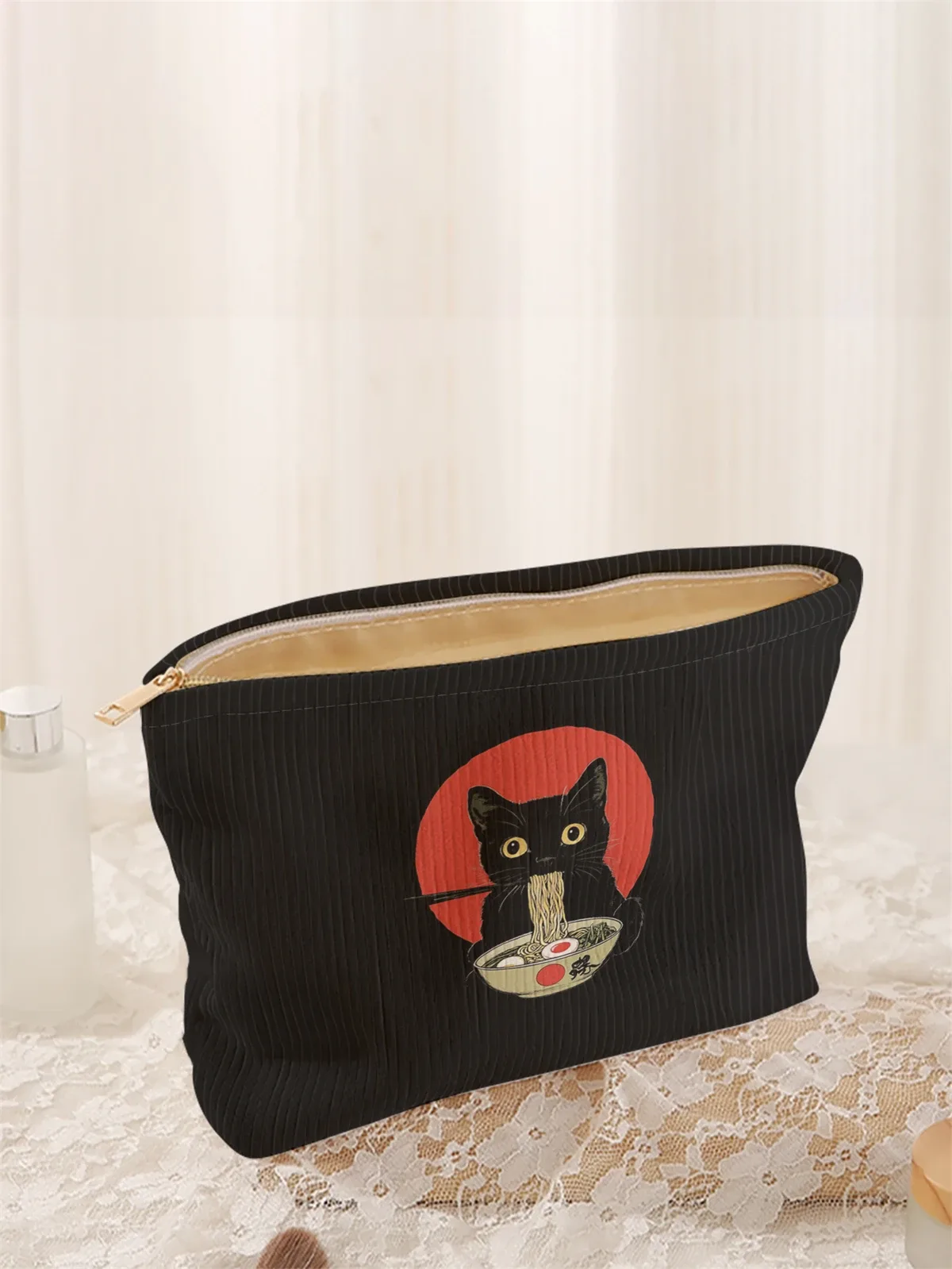 1 trousse de maquillage en velours côtelé imprimée à motif de chat noir, boîte de rangement de maquillage légère à fermeture éclair, sac multifonctionnel avec doublure