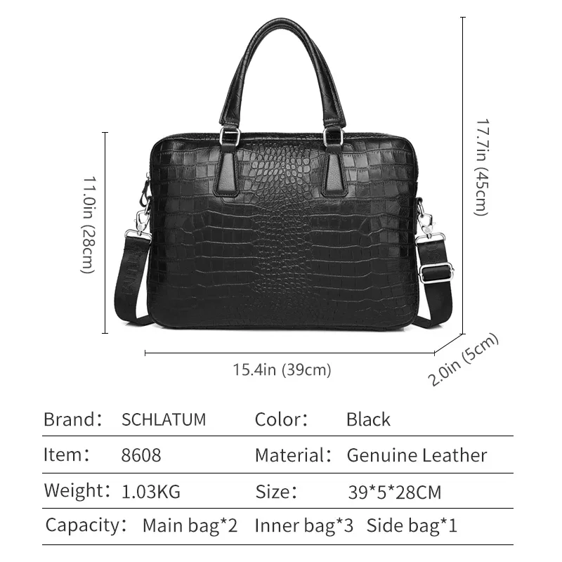 schlatum véritable cuir crocodile grain porte-documents dur pour hommes 15.6 pouces mallette pour ordinateur portable sacs ordinateur sac sacs à main de luxe