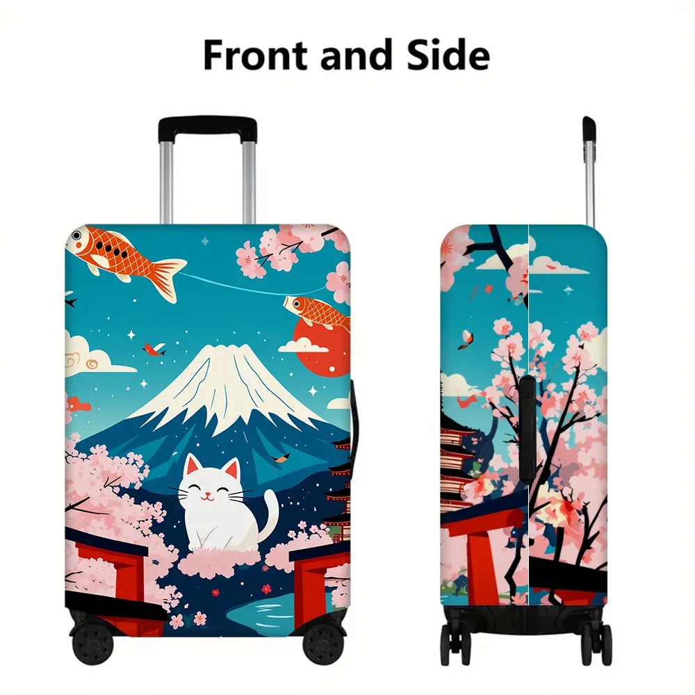 housse valise polyester motif chat blanc souriant poissons rouges fleurs cerisier mont fuji bleu protection voyage roulettes poignée noire