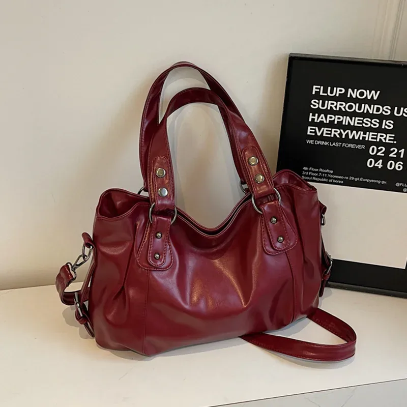 sac fourre-tout classique rétro décontracté de couleur unie, sac à bandoulière en pu de grande capacité, sac à main en cuir souple à la mode et polyvalent pour les trajets quotidiens