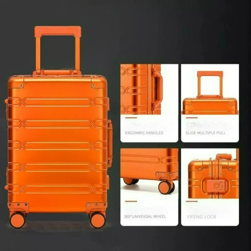 valise à roulettes de grande capacité en alliage d'aluminium et de magnésium, style rétro, avec serrure, pour voyages d'affaires.