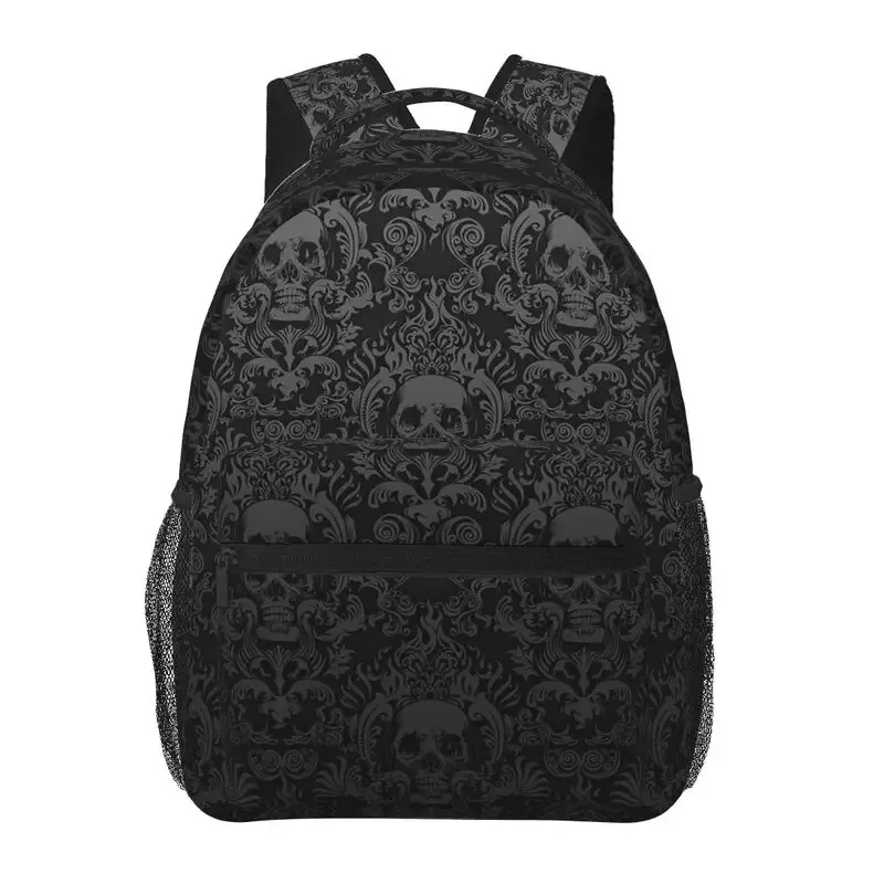 sac à dos gothique noir à motif de tête de mort damassé, unisexe, décontracté, pour ordinateur portable, cartable d'école, voyage, randonnée, camping