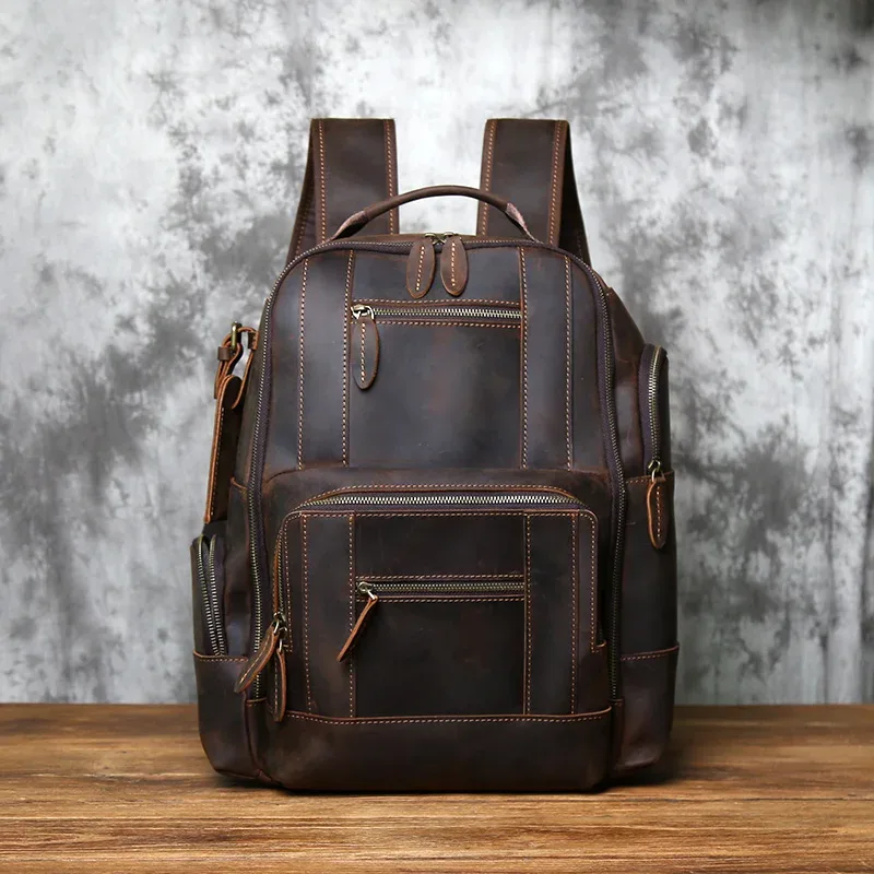 nzpj rétro en cuir véritable hommes sac à dos couche supérieure en peau de vache sac à dos mode hommes sac crazy horse peau voyage ordinateur sac