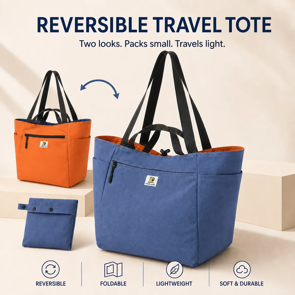 sac fourre-tout en nylon lavé pour femmes, réversible, léger, grande capacité, sac à main à bandoulière, résistant à l'eau, sac de voyage multi-poches