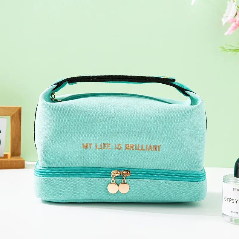 ins-sac à cosmétiques étanche double couche pour femme, fourre-tout de grande capacité, sac de voyage en toile portable, trousse de rangement pour maquillage, mode