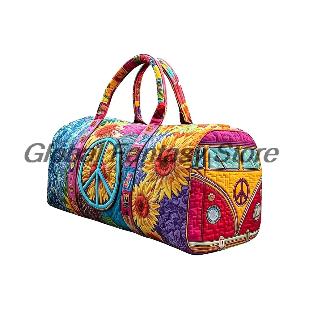 sac de voyage matelassé hippie van 2026 avec imprimé signe de la paix, sac fourre-tout pour voyages en voiture, sac à main pour femmes et hommes, sac de week-end pour activités de plein air