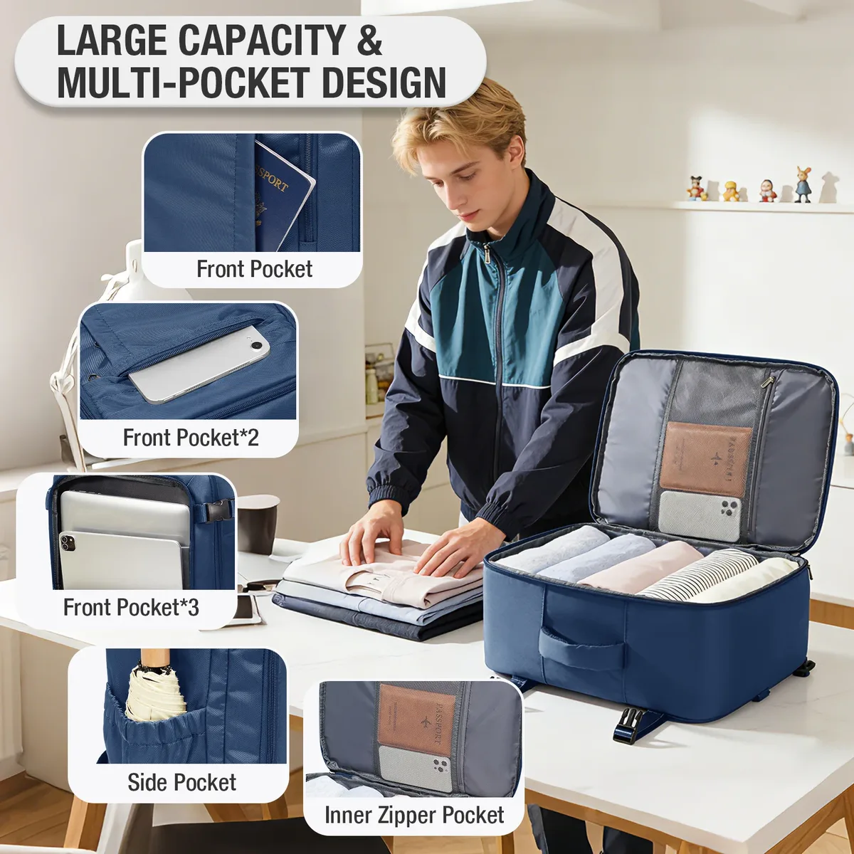 sac dos nylon bleu marine compact léger voyage travail scolaire poche intérieure zippée bandes sangle ajustables