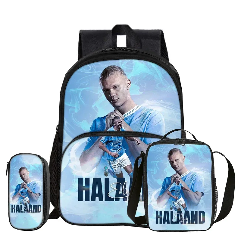 sac dos nylon bleu motifs football erling haaland grand bandoulière arquée sac déjeuner pochette enfant usage voyage