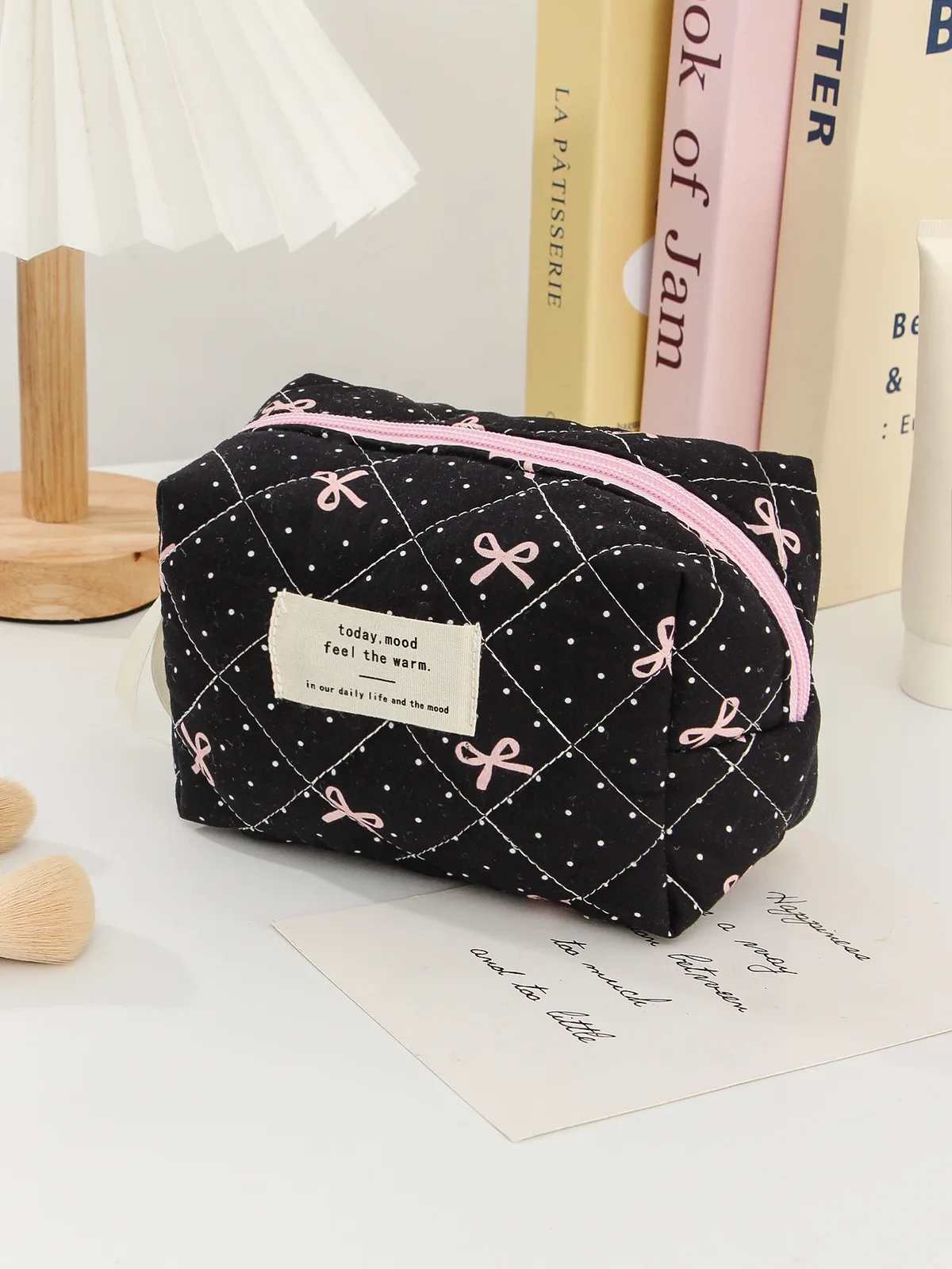 organisateur voyage polyester noir motif géométrique nœuds roses sac maquillage matelassé multifonctionnel cadeau vacances essentiel voyage