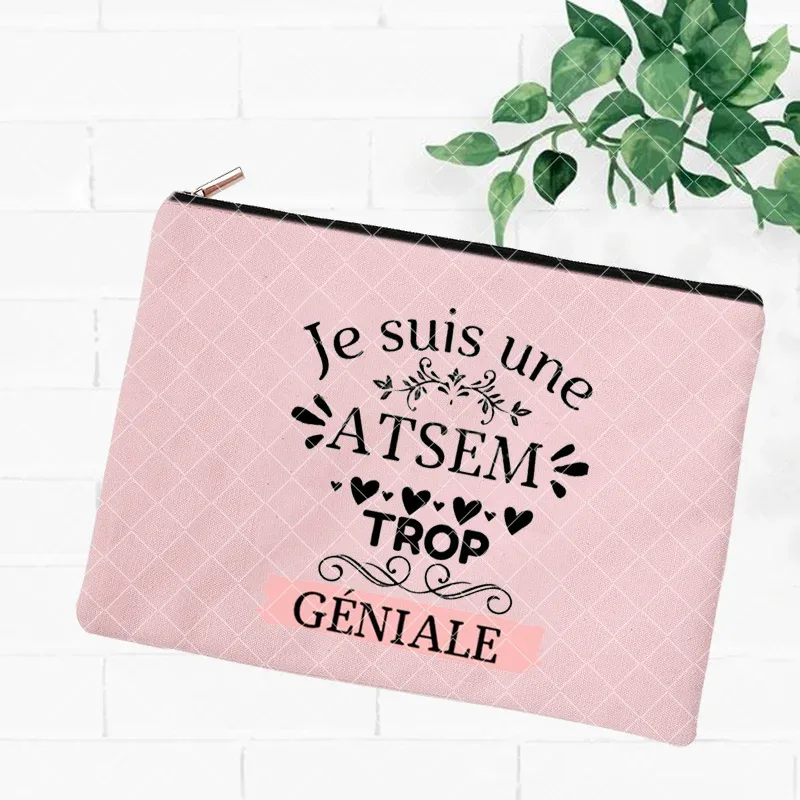 merci atsem – trousse de maquillage imprimée française, grande trousse à crayons, fournitures de papeterie scolaire, sac de rangement, pochette de lavage de voyage, cadeaux pour atsem