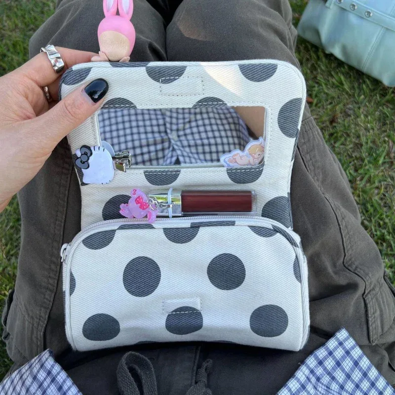 trousse de maquillage coréenne à rayures roses avec miroir, mini pochette de rangement pour cosmétiques, organisateur de beauté portable pour filles, usage quotidien