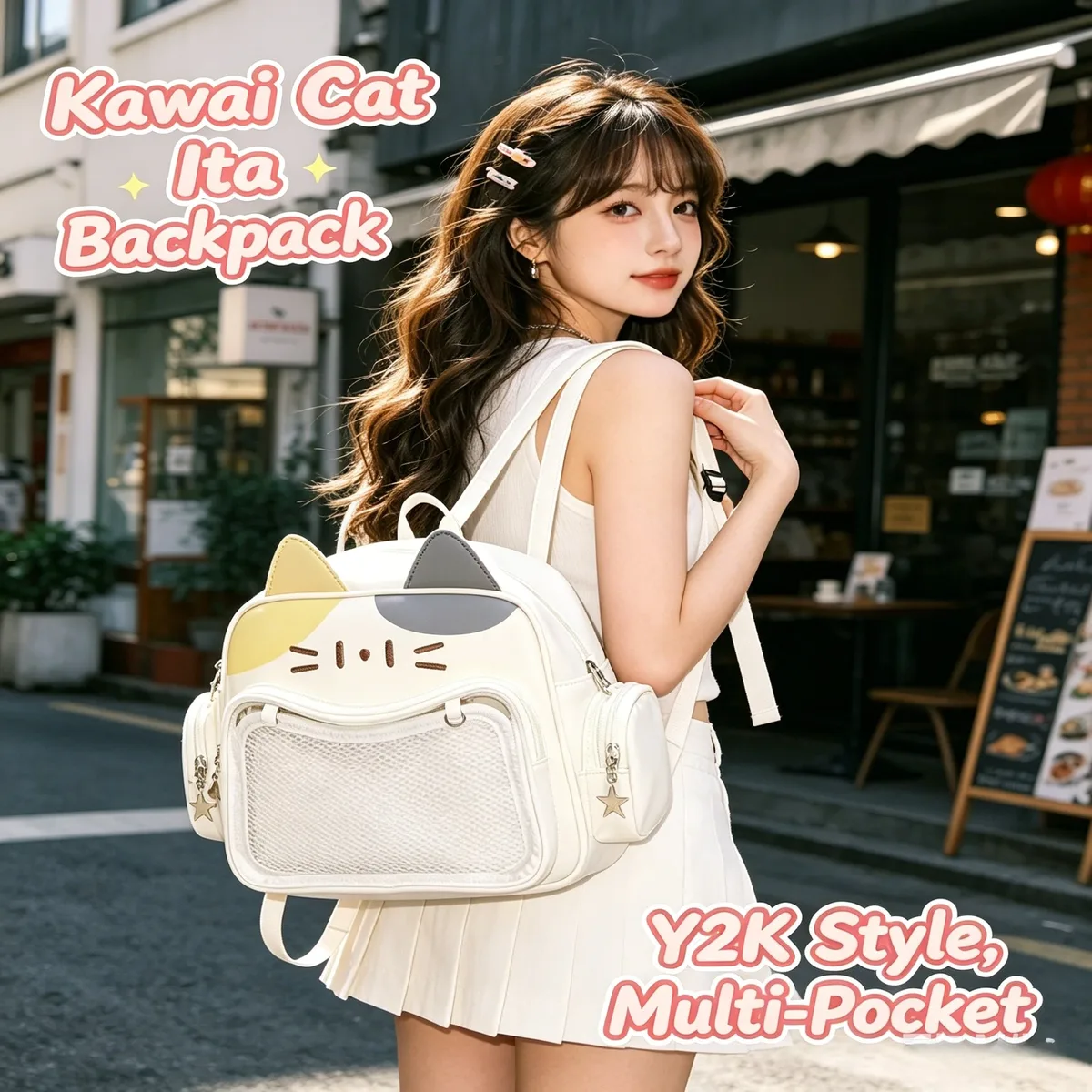 sac à dos ita bag y2k coréen kawaii pour femmes, en pu, avec poche transparente, esthétique, pour filles, à porter à l'épaule ou en bandoulière
