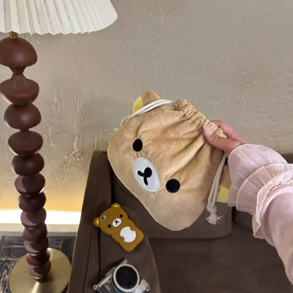 sac à cordon avec motif d'ours de dessin animé, pochette à cosmétiques de grande capacité, étui de rangement portable pour câbles usb, bijoux, pinceaux de maquillage