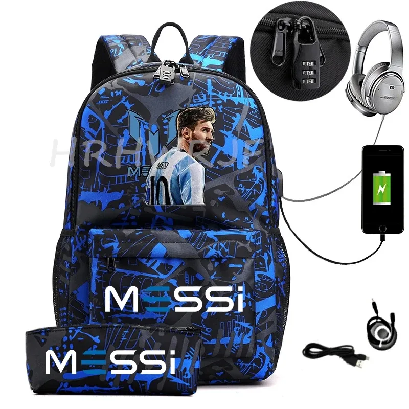 sac à dos de sport messi camouflage pour femmes et hommes, sac à dos pour ordinateur portable pour adolescents, étudiants, sac à dos orthopédique de voyage avec trousse à crayons 2 pièces