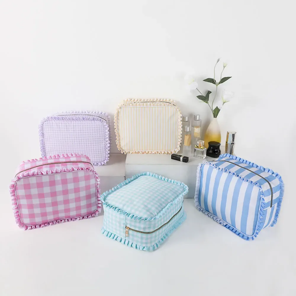 sac à cosmétiques à volants, pochette de voyage en nylon pour maquillage pour femmes et filles, grand organisateur de toilette multifonction, rangement à fermeture éclair étanche