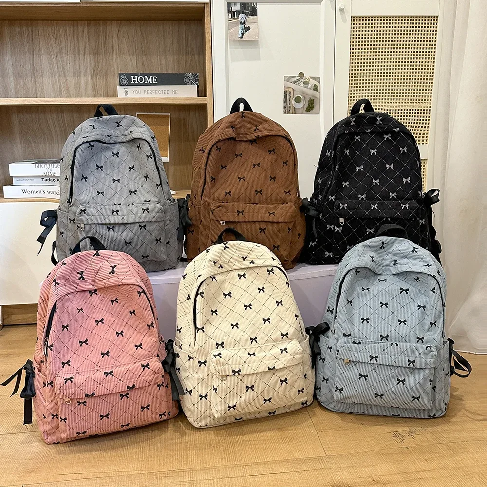 sac à dos à nœud en velours côtelé pour étudiantes, sac à dos polyvalent pour lycéennes et collégiennes