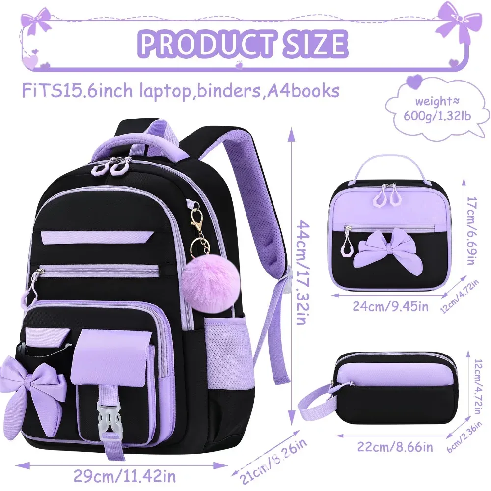 sac dos oxford cloth noir rubans pompons sac lunch boîte crayons palette rose gris imperméable usage ecole adolescente