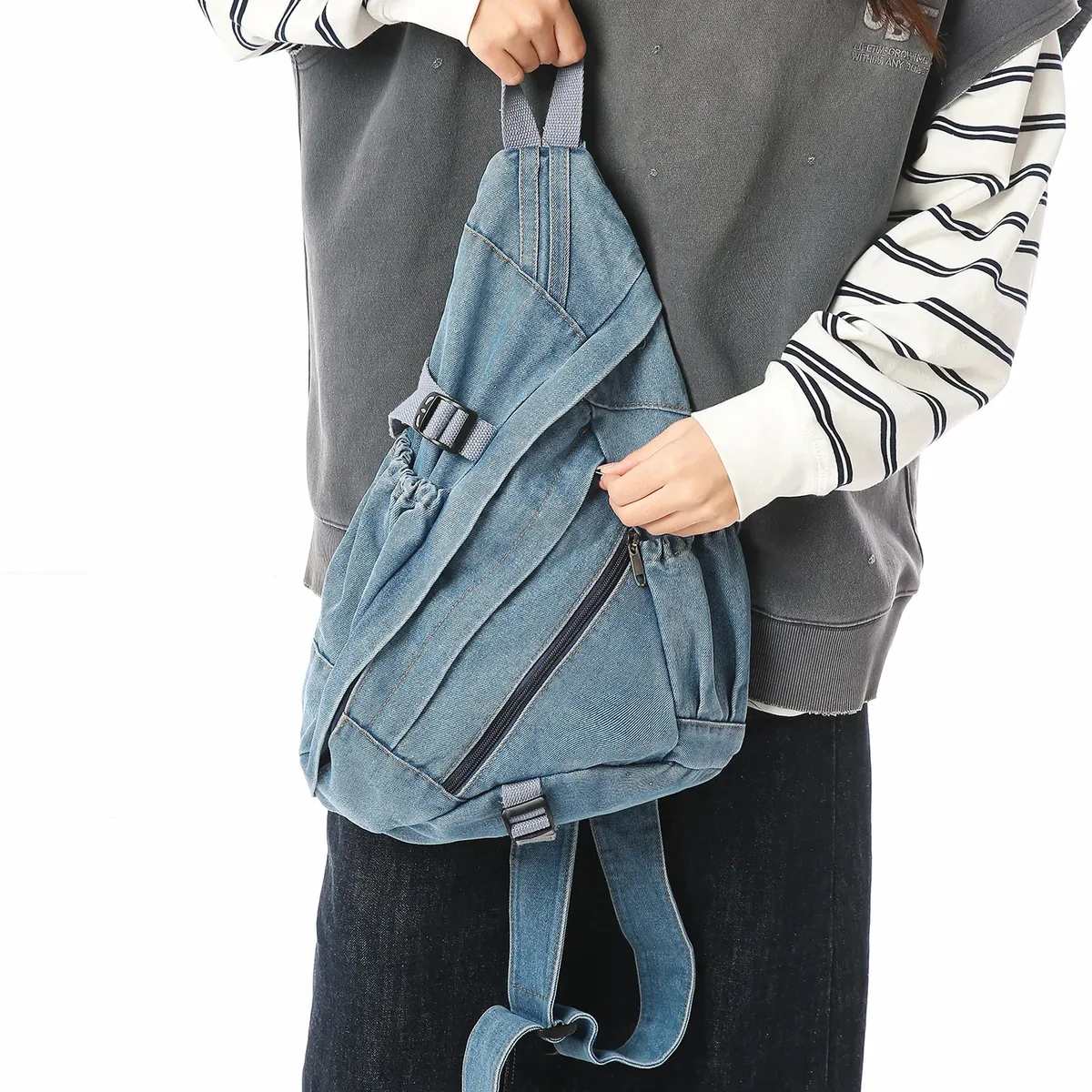 sac à bandoulière en denim délavé vintage pour homme et femme, multifonctionnel, rétro, grande capacité, sac de poitrine portable pour moto