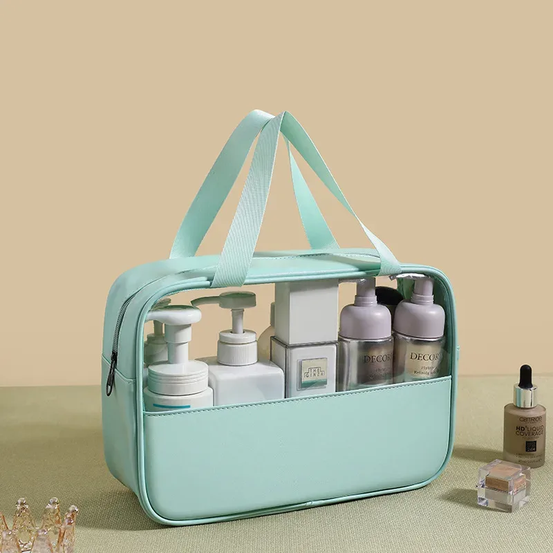 sac à cosmétiques personnalisé avec coutures brodées, sac de bain translucide en pvc de grande capacité, sac de rangement de voyage portable étanche en pu