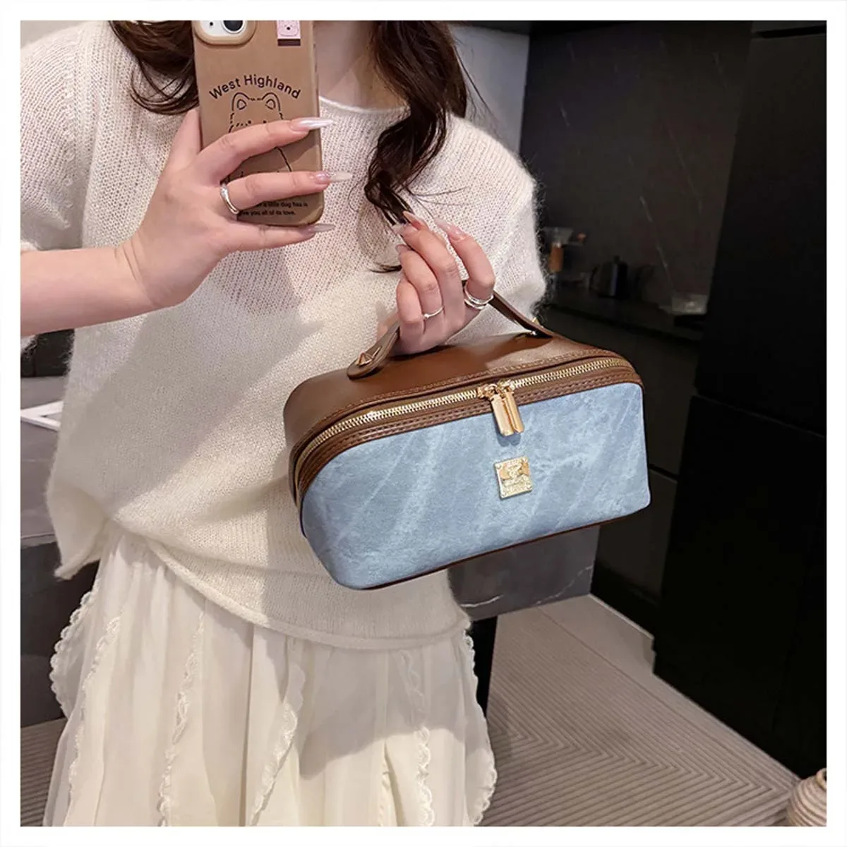 nouvelle trousse de toilette, sac de rangement de voyage haut de gamme en denim et cuir pu avec empiècements color-block, trousse de toilette de marque en métal