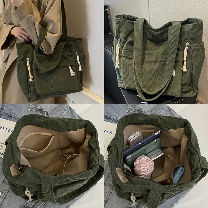 sac fourre-tout en velours côtelé grande capacité pour femme, sac à main multi-compartiments robuste, sac à bandoulière avec sangle fixe et fermeture éclair
