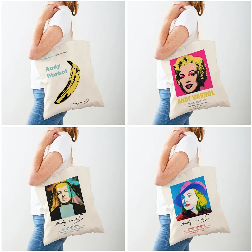 les deux côtés andy warhol vache banane coucher de soleil fleur pop femmes shopper sacs fourre-tout sac à main mode décontracté rétro dame sac à provisions