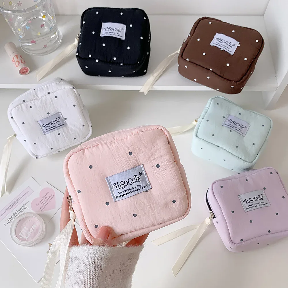 pochette cosmétique carrée à pois, petite pochette portable pour rouge à lèvres, sac de rangement simple pour serviettes hygiéniques pour étudiantes