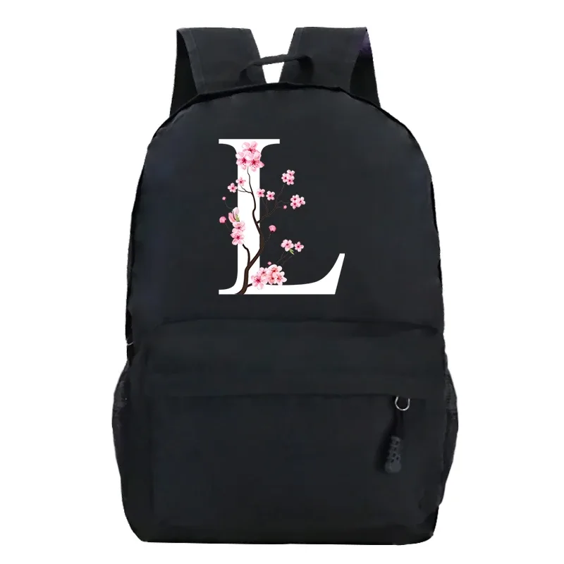 sacs à dos d'école pour jeunes sakura fleur a-z alphabet grande capacité toile harajuku mode fermeture éclair esthétique épaules sacs noirs